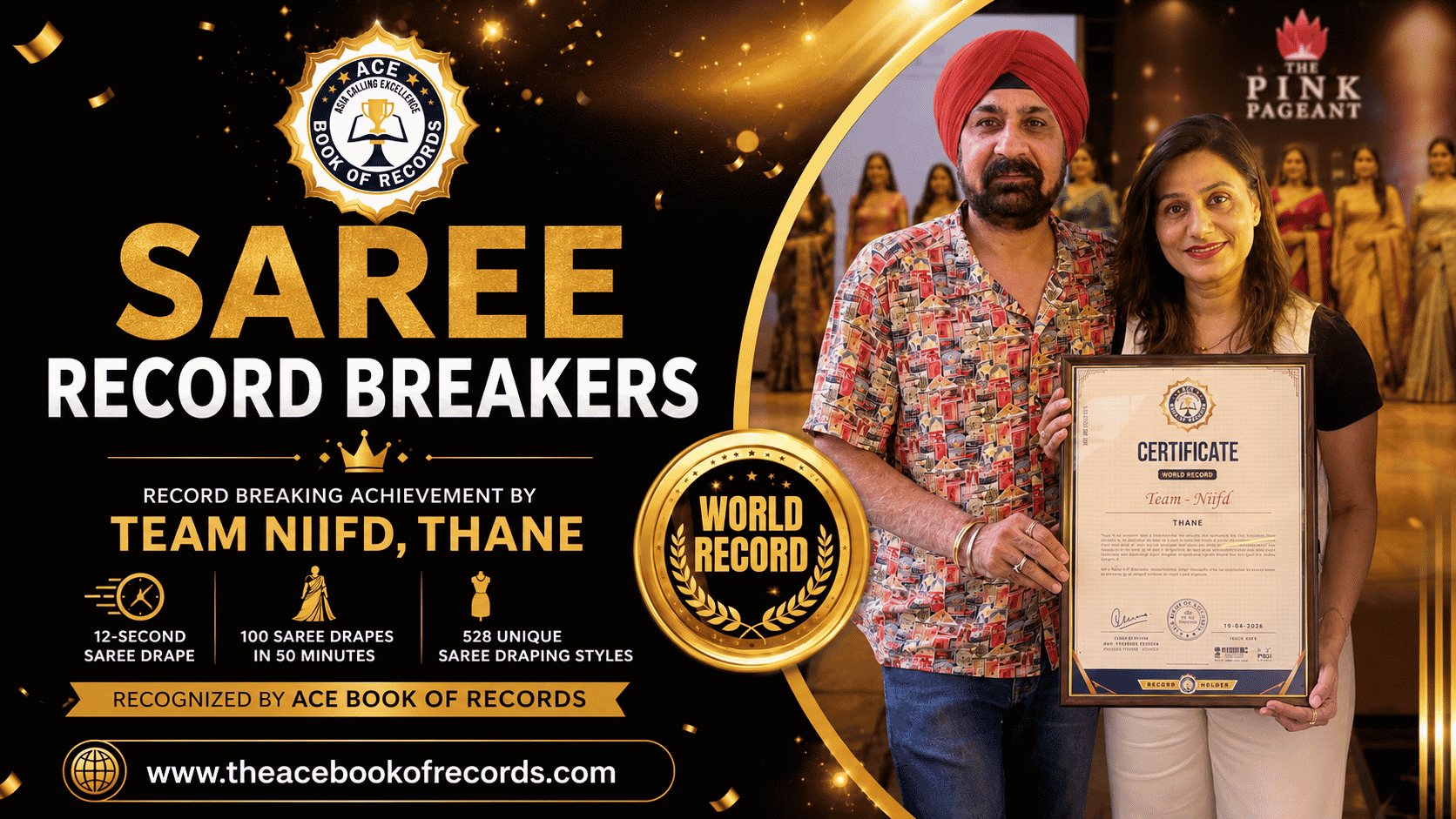 NIIFD Thane creates a world record with a 12-second saree drape, 100 drapes in 50 minutes, and 528 unique saree styles at Korum Mall.